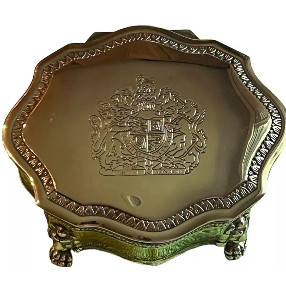 Vintage DIEUET MONDROIT Silver Plate Hinged Jewelry Trinket Box Coat of Arms